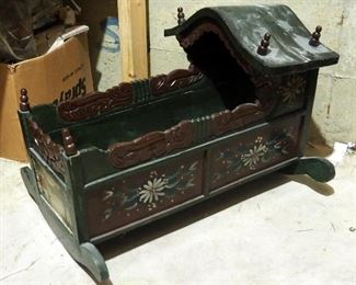 Painted Carved Wood Doll Cradle