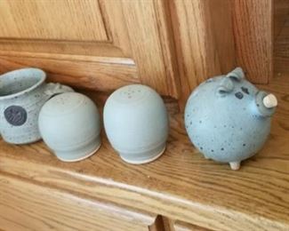 Mid-century cups, salt and pepper shaker and piggy bank