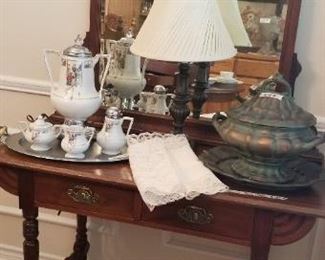 Parlor table or desk with stunning chocolate set