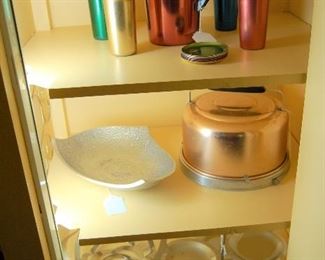 1950's aluminum pitcher and glasses, cake tin