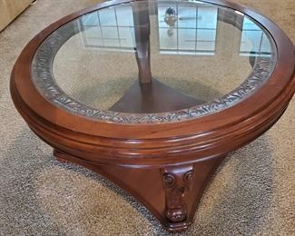 Carved Rimmed Round Glass Wood Table