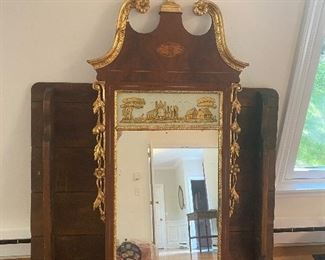 25 x 63  Antique Federal-style gilt mirror with reverse-painted fresco and ornate pediment 