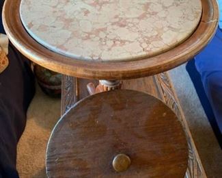 Small Marble Top Table, Crock Lid, Fabric Art