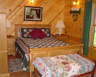 Queen oak bedroom suite, including headboard, footboard, wood rails, triple dresser & mirror, TV hutch/ armoire, 2 bedside tables