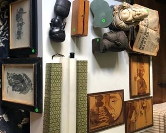 Italian woodcuts and a wonderful chinese scroll (too bad you can't see the art on the scroll)