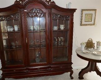 Fine Carved Mahogany Display Cabinet--large but small footprint!