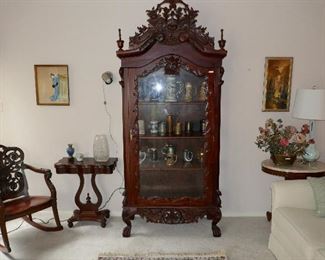 Gorgeous Highly Carved Mahogany Display Cabinet full of Beer Stein Collection