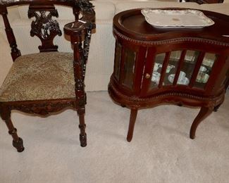 Nice carved Mahogany Corner Chair, Nice Mahogany w/ beveled glass kidney vitrine style table full of limoges
