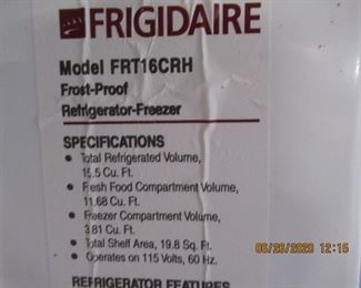 Frigidaire Fridge/Freezer, 15.5 cu ft.  $200.00