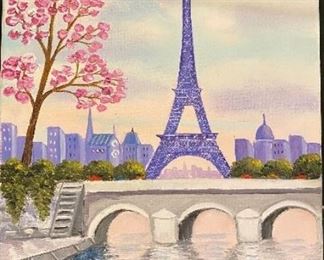 Original oil painting of Paris scene: Eiffel tower and bridge in foreground by M. Mooradian