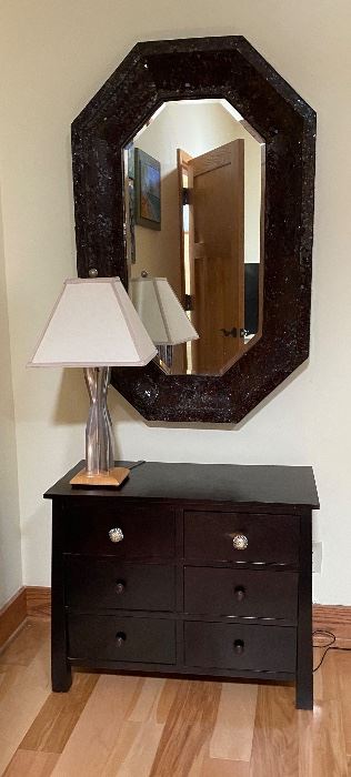Glass tiled octagonal mirror abd Craftsman styled chedt of drawers