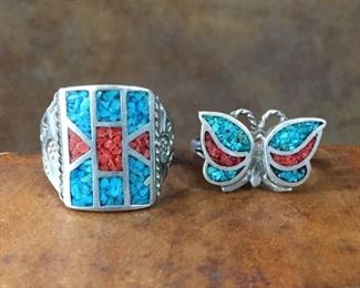 #39...Native American silver rings: (1) Size 10 heavy, solid rectangular-shaped turquoise and coral chip inlay ring with stamped band. $200; (2) Size 8 3/4 butterfly-shaped turquoise and coral chip inlay ring with split shank band. $150 SOLD