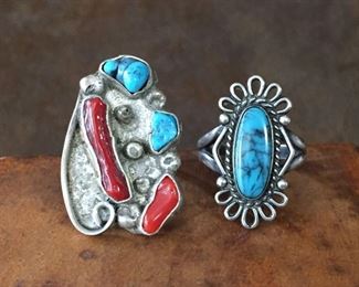 #52...Native American silver rings: (1) Size 6 3/4 old pawn ring with two turquoise and two coral cabochons. $130; (2) Size 7 3/4 ring with oval turquoise cabochon with silver twisted wire rim and silver loop edging on top and bottom. $170