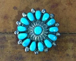 #93...Sterling silver medallion style petit point brooch/pendant with hidden bale. The turquoise in this piece is really beautiful. Size is 1 1/8" diameter. $150