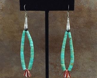 #95...Santo Domingo jacla earrings composed of turquoise heishi beads with spiny oyster shell "corn" beads in the bottom center of each. Extra long 3 5/8". $260
