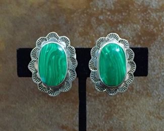 #96...Mexico sterling silver clip earrings featuring malachite cabochons. Stamped MEXICO 925 TS-134. Size 7/8" x 1 1/4". $95