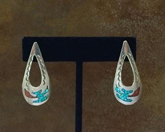 #98...Vintage Native American sterling silver pierced earrings with bird motifs inset with turquoise and coral chip inlays. Signed with a pictorial dove symbol and stamped STERLING on back. Size 1 3/8" x 5/8". $96
