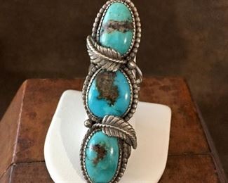 #15...Huge fabulous Native American turquoise and sterling silver ring size 8 1/2. Face of ring is 2 3/4" tall by 7/8" wide. $530
