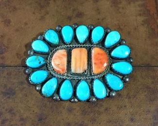#14...Vintage sterling silver, turquoise and spiny oyster pendant/brooch. Size 1 7/8" x 1 3/8". Hidden bale top center vertically, so if worn as pendant would hang vertically. If worn as brooch, could be worn vertically or horizontally. $380