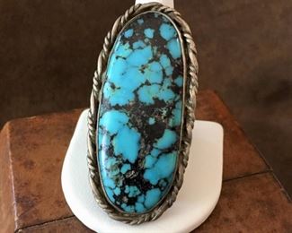 #87...Huge old pawn silver and turquoise ring, size 14. Face of ring is a whopping 1 3/16" w x 2 1/2" h. Turquoise is gorgeous. $560