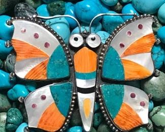 #1...HUGE signed Zuni inlay butterfly with both purple and orange spiny oyster, turquoise and mother-of-pearl. It can be worn as either pin or pendant, and measures a whopping 3 1/2" by 2 3/4". Signed LP, marked Sterling. Unbelievable quality and personality. $1165