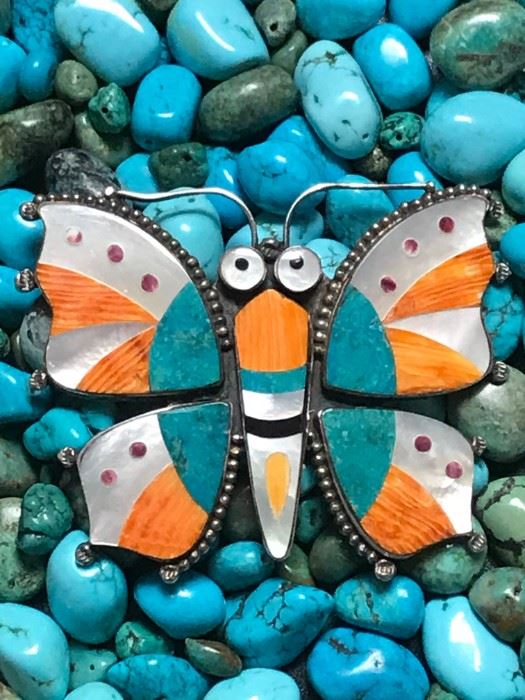 #1...HUGE signed Zuni inlay butterfly with both purple and orange spiny oyster, turquoise and mother-of-pearl.  It can be worn as either pin or pendant, and measures a whopping 3 1/2" by 2 3/4". Signed LP, marked Sterling.   Unbelievable quality and personality.  $1165