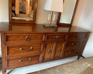 Bedroom set by White, French Provincial, oak, walnut, mahogany, armoire, highboy dresser, lowboy dresser, queen sized bed, queen headboard, night stands, bronze