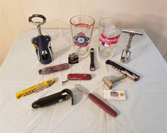 Assorted Corkscrews & Budweiser Glasses