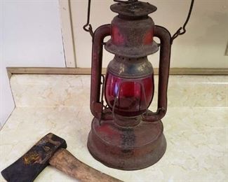 Antique Lantern and Collins Axe