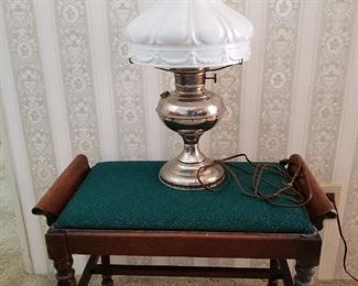 Cute small Antique bench & Lamp. Shade has repairs (see pics)