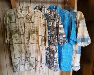 Really Cool Hawaiian Shirts with 1 in silk. All matching pockets. Bright Blue is a silk shirt too. All in very good condition. No stains of any kind. Matching pockets to shirts.
