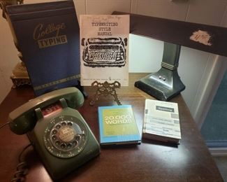 Old school Telephone with Vintage Desk Lamp and fun old books