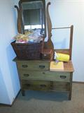 Anitque Mirrored dresser, Sewing items in basket