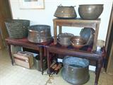 large copper and brass pots. Antique drop leaf combo table