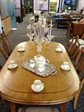 Modern Oak table with 10 Chairs. 1 leaf and china cabinet