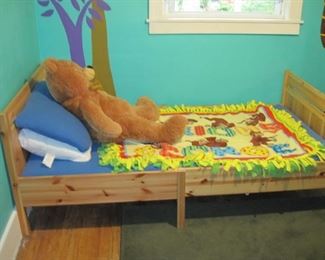 $40.00, Childs like new pine bed with mattress