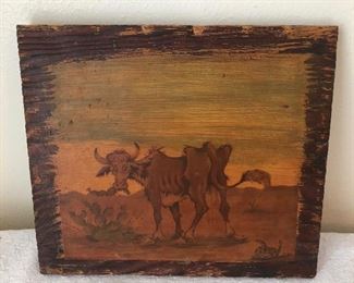 VERY OLD COW PAINTING WITH INSCRIPTION ON BACK