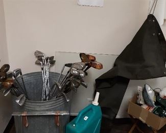 water can,waders,clubs, galvanized can