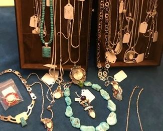 Silver necklaces -- some with turquoise.  Some Bali pieces