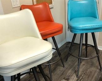 Set of 3 Retro bar stools. Original upholstery. Brody seating company.