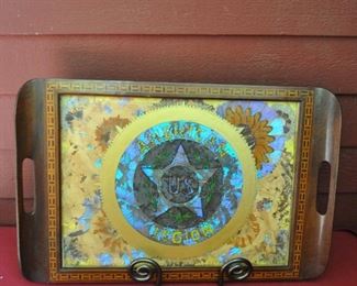 American legion tray, marquetry with butterfly wings. AF $30.00