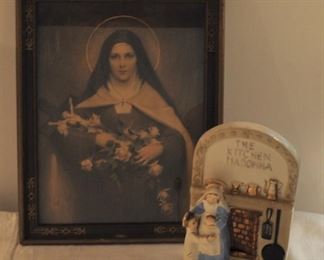 Kitchen Madonna  Vintage Japan ceramic: $16.00... Vintage framed Mary(?) Saint Rita? $28.00