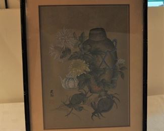 Signed Japanese woodblock with crabs and flowers...$80.00