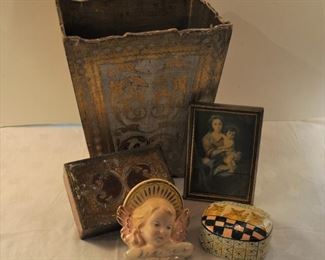 Florentine waste can $18, & box  $12, both wooden. Italy Angel head $32  porcelain, Kashmir kitties box $8, Mary and child Italian frame $12.50