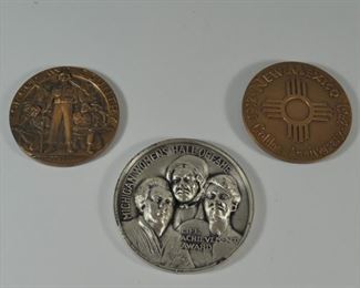 3 medals/paperweights: $30. Lefto to right: American Legion "For God and Country".  Michigan Women's Hall of Fame Life Achievement Award (original box). New Mexico Golden Anniversary Statehood, January 6, 1912-1962 (original box and printed info).