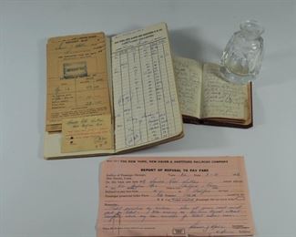 Railroad ephemera, N.Y., New Haven R.R. Co. Fare receipts book, deposit slips, ticket (1950's), and personal travel diary: $25