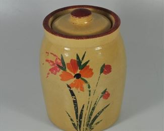 Vintage yellow ware cookie/dog biscuit jar. Hand painted. Lid has had a couple of chips reglued but cover works fine. $18