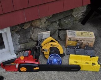 Homelite electric saw (16"): $12. Rockwell Circular saw 1 HP 7 1/4": $25. Stanley Handyman No. H 114 mitre box: $15. Buck Bros 12" mitre box $10