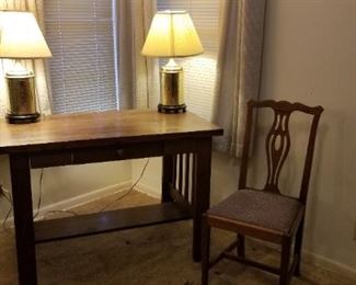Mission Style Library Table, Brass Lamps, & T-Back Chair