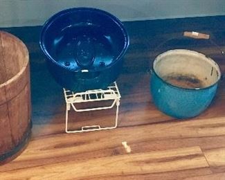 Vintage Crock , Wood Basket, Blue Granite Pot.